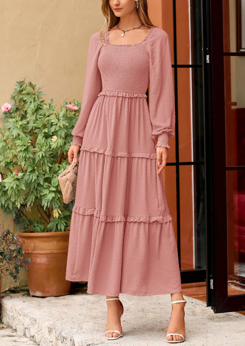 PRETTYGARDEN Women Fall Long Sleeve Smocked Maxi Dress Casual Square Neck Swiss Dot Tiered Ruffle Flowy Spring Pocket Dresses