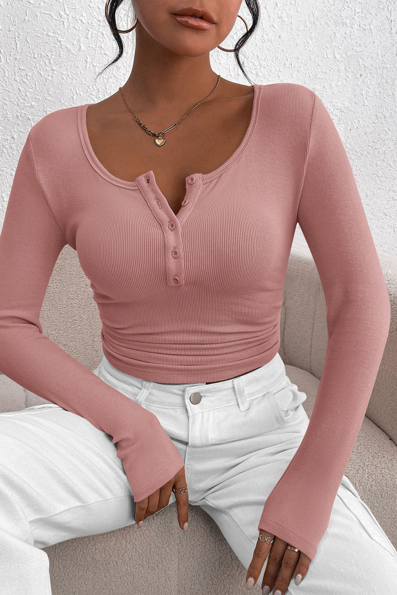 PRETTYGARDEN Women's Spring Fall Long Sleeve Henley T Shirts Button Ribbed Knit Slim Fit Casual Basic Tops Blouse