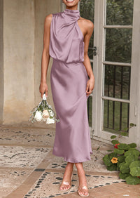 Satin sleeveless stand up collar party long dress