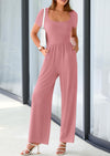 PRETTYGARDEN Casual Short Sleeve Square Neck Wide Leg Jumpsuit Rompers