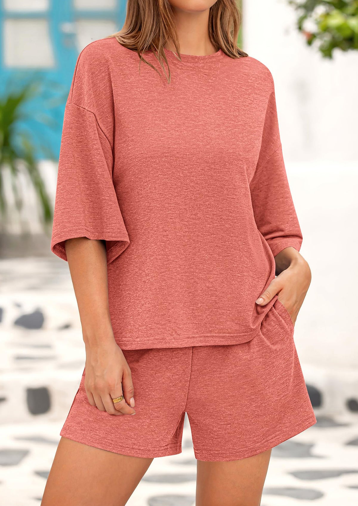 Short Sleeved Top And Casual Shorts 2-Piece Set With Pockets