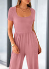 PRETTYGARDEN Casual Short Sleeve Square Neck Wide Leg Jumpsuit Rompers