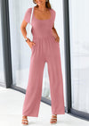 PRETTYGARDEN Casual Short Sleeve Square Neck Wide Leg Jumpsuit Rompers