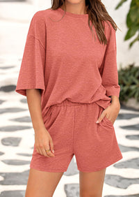 Short Sleeved Top And Casual Shorts 2-Piece Set With Pockets