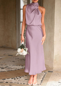 Satin sleeveless stand up collar party long dress