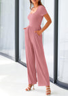 PRETTYGARDEN Casual Short Sleeve Square Neck Wide Leg Jumpsuit Rompers