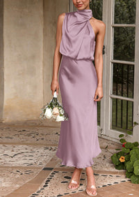 Satin sleeveless stand up collar party long dress