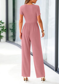 PRETTYGARDEN Casual Short Sleeve Square Neck Wide Leg Jumpsuit Rompers
