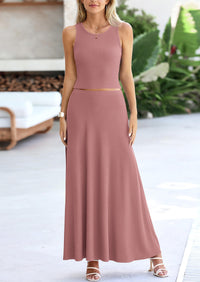 Casual Knit Cropped Tank Top High Waisted Skirt 2 Piece Sets