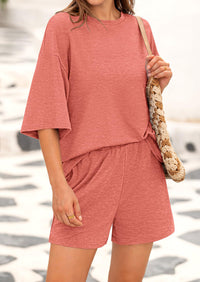 Short Sleeved Top And Casual Shorts 2-Piece Set With Pockets