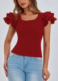 PRETTYGARDEN Women's Ruffle Short Sleeve Shirts Summer Casual Basic Tee Cute Fitted Crew Neck Fashion Tops Clothes