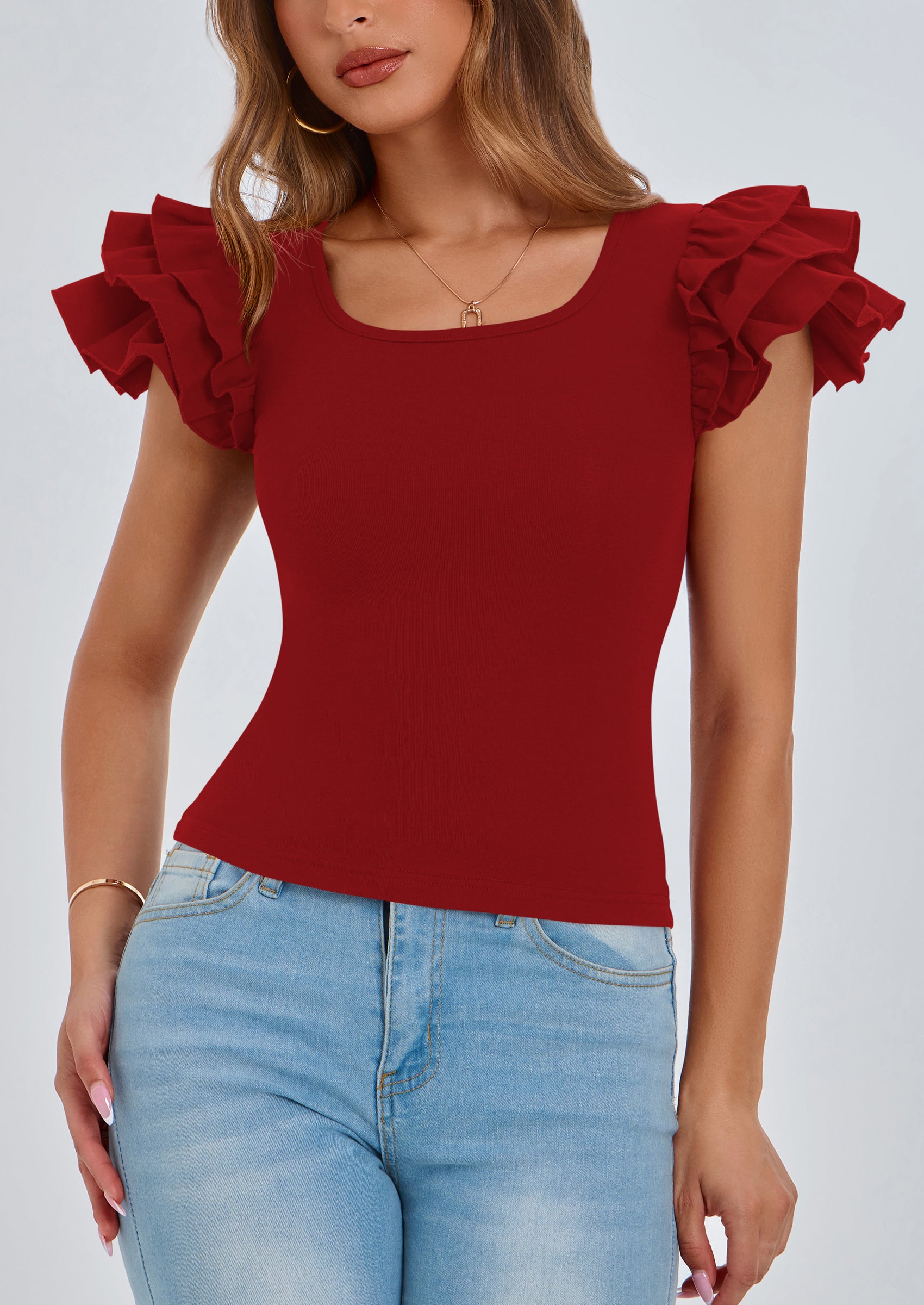 PRETTYGARDEN Women's Ruffle Short Sleeve Shirts Summer Casual Basic Tee Cute Fitted Crew Neck Fashion Tops Clothes