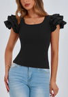 PRETTYGARDEN Women's Ruffle Short Sleeve Shirts Summer Casual Basic Tee Cute Fitted Crew Neck Fashion Tops Clothes