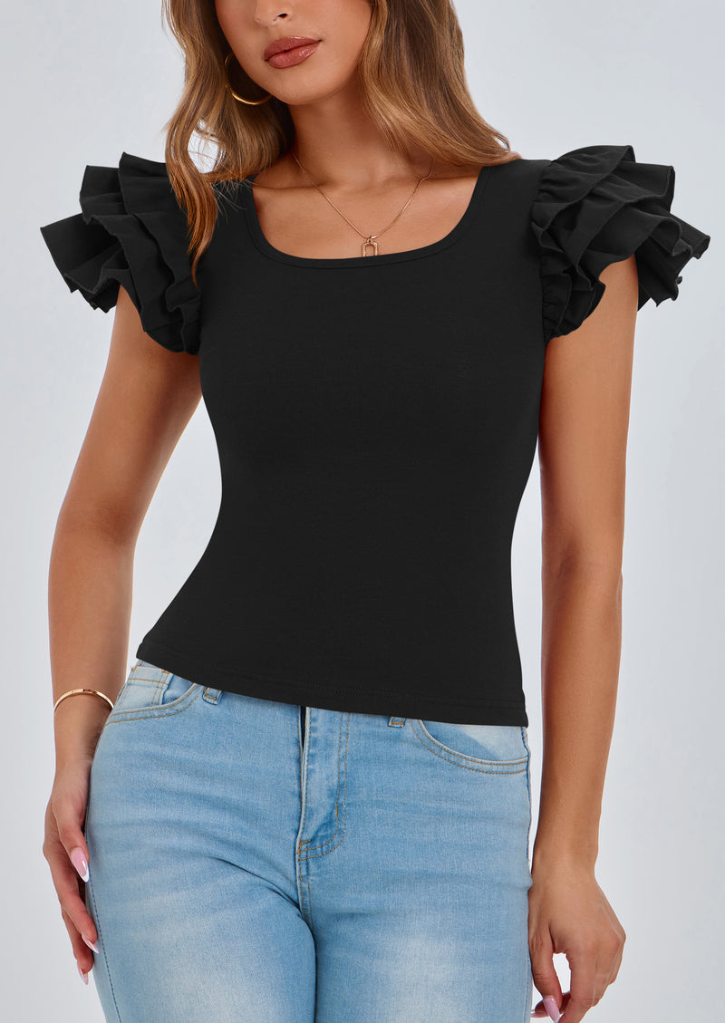 PRETTYGARDEN Women's Ruffle Short Sleeve Shirts Summer Casual Basic Tee Cute Fitted Crew Neck Fashion Tops Clothes
