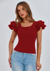 PRETTYGARDEN Women's Ruffle Short Sleeve Shirts Summer Casual Basic Tee Cute Fitted Crew Neck Fashion Tops Clothes