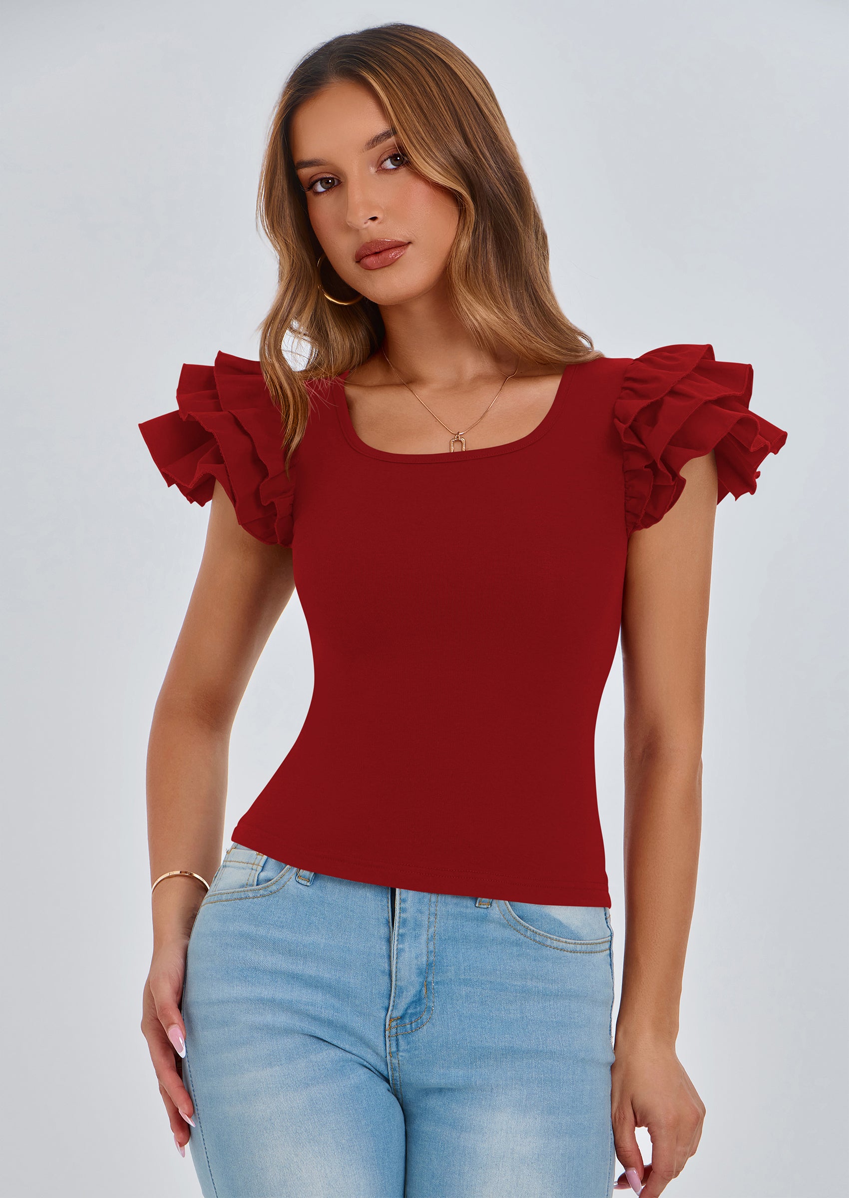 PRETTYGARDEN Women's Ruffle Short Sleeve Shirts Summer Casual Basic Tee Cute Fitted Crew Neck Fashion Tops Clothes