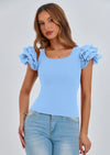 PRETTYGARDEN Women's Ruffle Short Sleeve Shirts Summer Casual Basic Tee Cute Fitted Crew Neck Fashion Tops Clothes