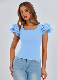 PRETTYGARDEN Women's Ruffle Short Sleeve Shirts Summer Casual Basic Tee Cute Fitted Crew Neck Fashion Tops Clothes