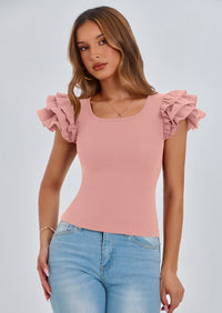 PRETTYGARDEN Women's Ruffle Short Sleeve Shirts Summer Casual Basic Tee Cute Fitted Crew Neck Fashion Tops Clothes