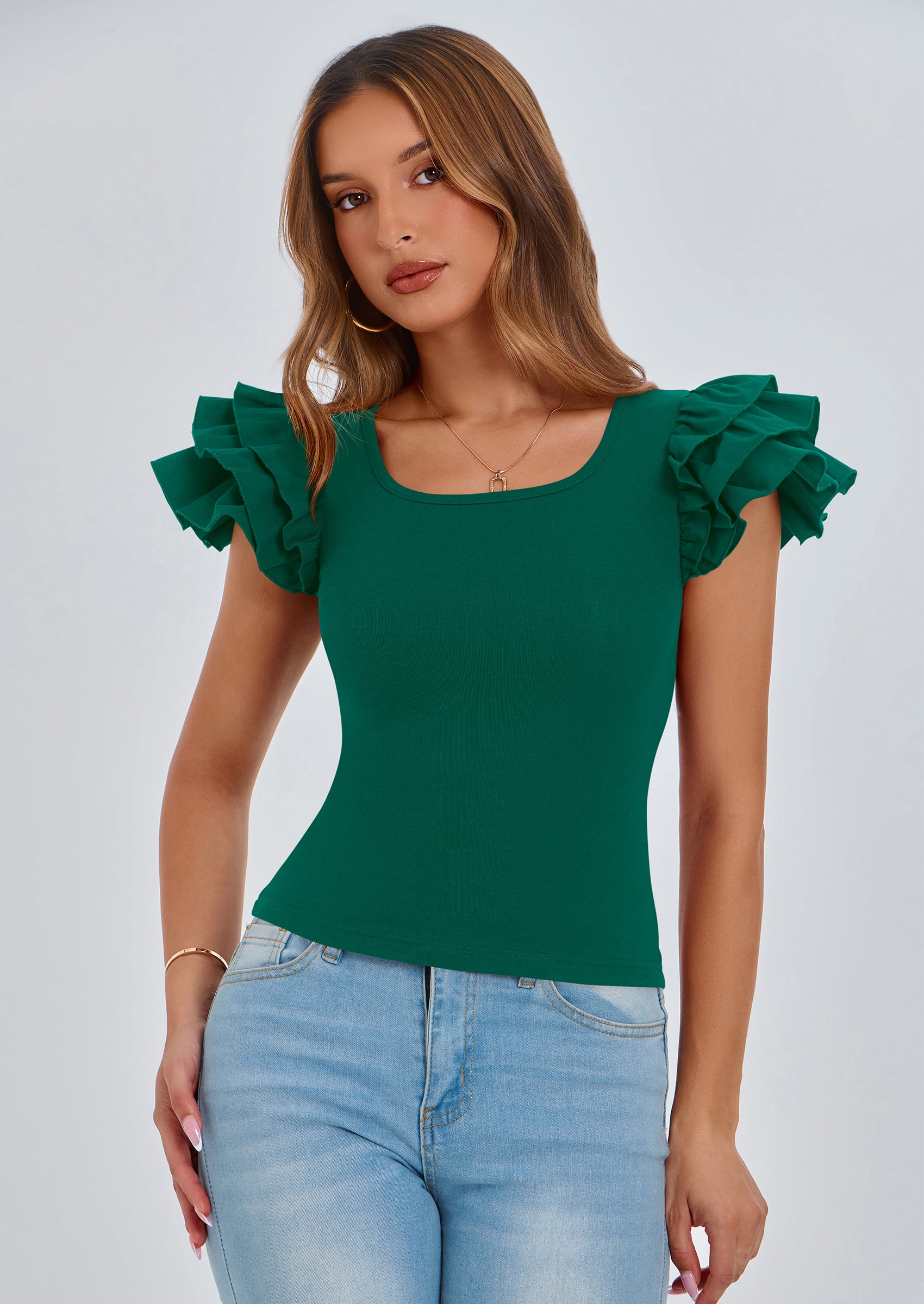PRETTYGARDEN Women's Ruffle Short Sleeve Shirts Summer Casual Basic Tee Cute Fitted Crew Neck Fashion Tops Clothes