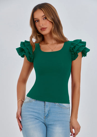 PRETTYGARDEN Women's Ruffle Short Sleeve Shirts Summer Casual Basic Tee Cute Fitted Crew Neck Fashion Tops Clothes