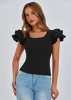 PRETTYGARDEN Women's Ruffle Short Sleeve Shirts Summer Casual Basic Tee Cute Fitted Crew Neck Fashion Tops Clothes