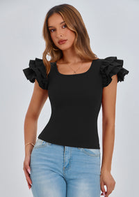 PRETTYGARDEN Women's Ruffle Short Sleeve Shirts Summer Casual Basic Tee Cute Fitted Crew Neck Fashion Tops Clothes