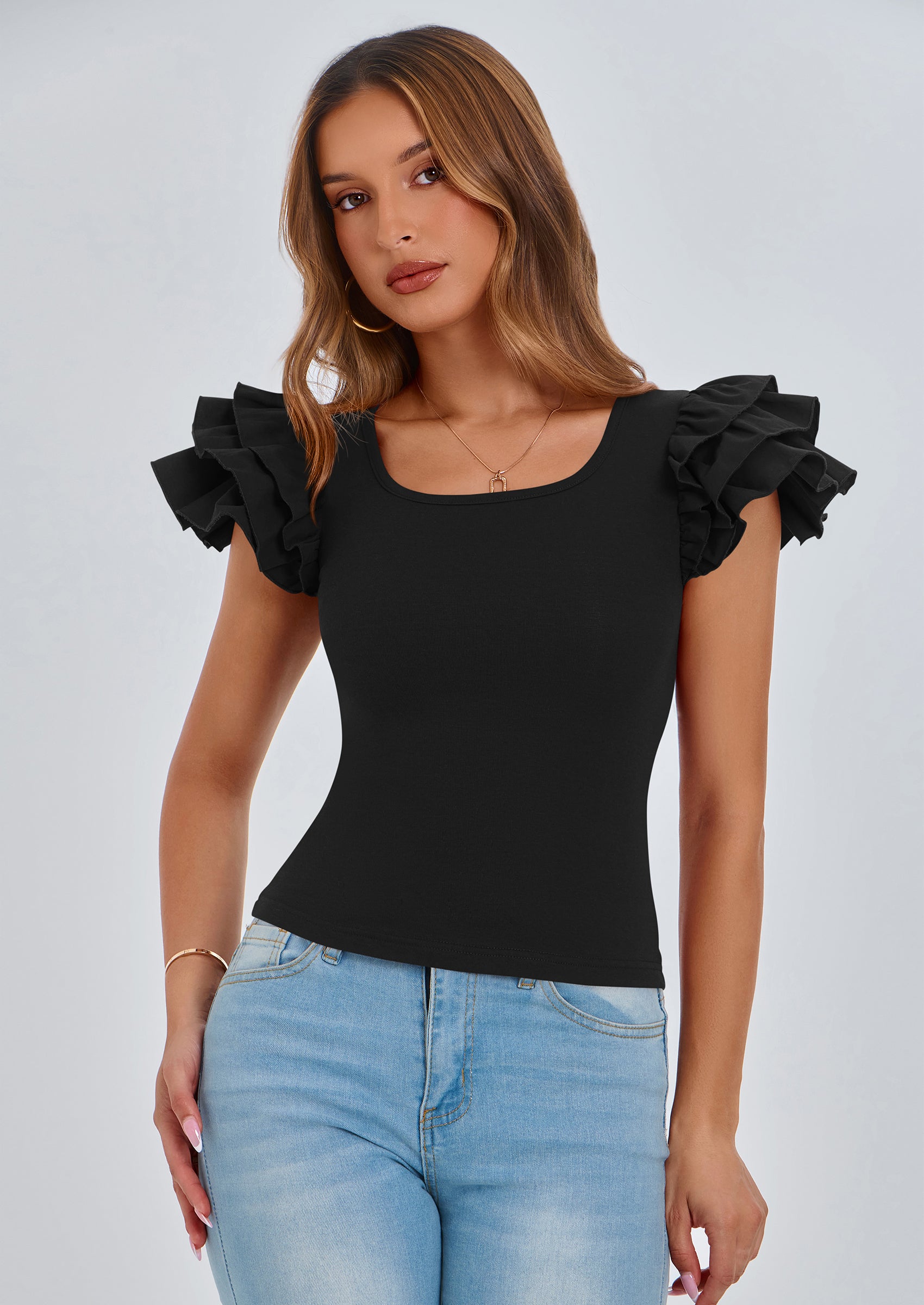 PRETTYGARDEN Women's Ruffle Short Sleeve Shirts Summer Casual Basic Tee Cute Fitted Crew Neck Fashion Tops Clothes