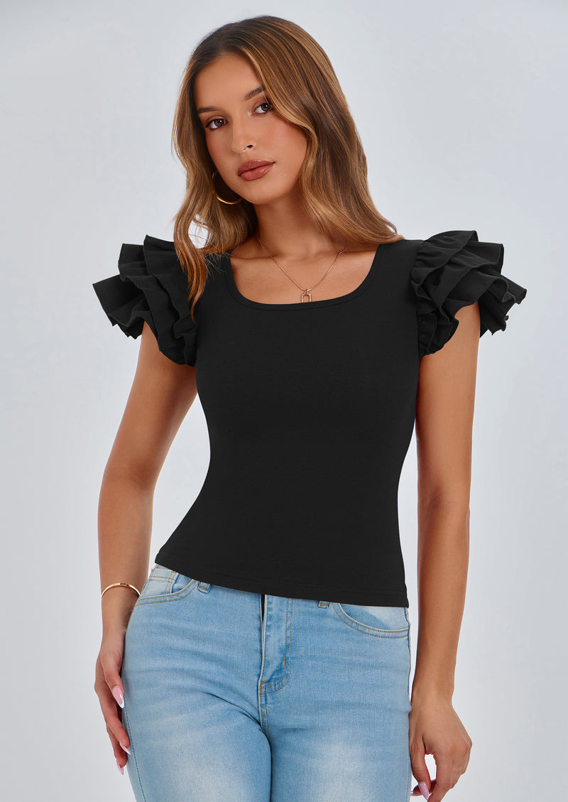 PRETTYGARDEN Women's Ruffle Short Sleeve Shirts Summer Casual Basic Tee Cute Fitted Crew Neck Fashion Tops Clothes