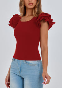PRETTYGARDEN Women's Ruffle Short Sleeve Shirts Summer Casual Basic Tee Cute Fitted Crew Neck Fashion Tops Clothes