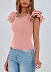 PRETTYGARDEN Women's Ruffle Short Sleeve Shirts Summer Casual Basic Tee Cute Fitted Crew Neck Fashion Tops Clothes