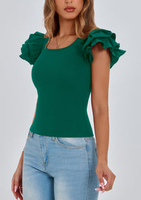 PRETTYGARDEN Women's Ruffle Short Sleeve Shirts Summer Casual Basic Tee Cute Fitted Crew Neck Fashion Tops Clothes