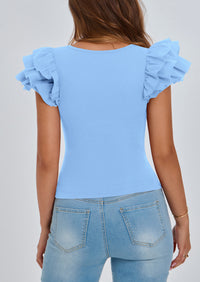 PRETTYGARDEN Women's Ruffle Short Sleeve Shirts Summer Casual Basic Tee Cute Fitted Crew Neck Fashion Tops Clothes