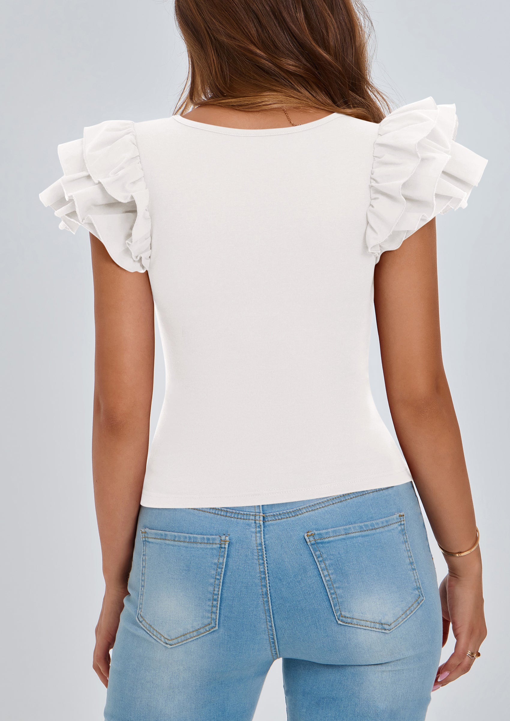 PRETTYGARDEN Women's Ruffle Short Sleeve Shirts Summer Casual Basic Tee Cute Fitted Crew Neck Fashion Tops Clothes