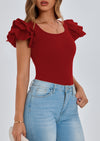 PRETTYGARDEN Women's Ruffle Short Sleeve Shirts Summer Casual Basic Tee Cute Fitted Crew Neck Fashion Tops Clothes