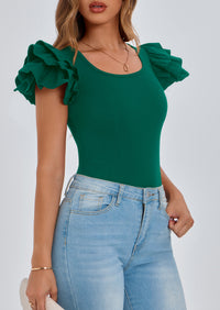 PRETTYGARDEN Women's Ruffle Short Sleeve Shirts Summer Casual Basic Tee Cute Fitted Crew Neck Fashion Tops Clothes