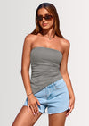 PRETTYGARDEN Womens Summer Tube Tops Trendy Strapless Ruched Going Out Tops Outfits Asymmetrical Bandeau Shirts