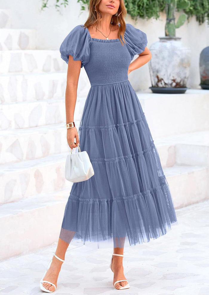 Smocked Tulle Puffy Short Sleeve Square Neck Ruffle Midi Dresses
