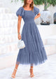 Smocked Tulle Puffy Short Sleeve Square Neck Ruffle Midi Dresses