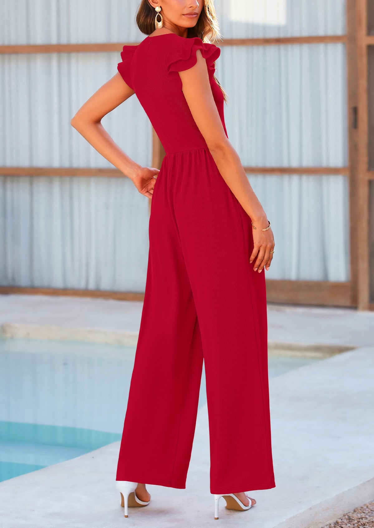 Casual Ruffle Cap Sleeves Crew Neck Rib Knit Jumpsuits