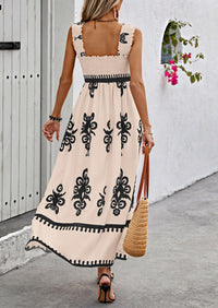 Boho Casual Sleeveless Square Neck Floral A Line Smocked Beach Maxi Dress with Pockets