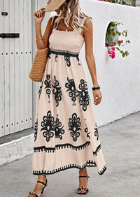 Boho Casual Sleeveless Square Neck Floral A Line Smocked Beach Maxi Dress with Pockets