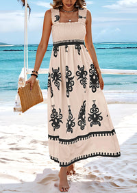 Boho Casual Sleeveless Square Neck Floral A Line Smocked Beach Maxi Dress with Pockets