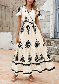 Casual V Neck Boho Flowy A-line Bell Sleeve Tiered Floral Maxi Dresses with Pocket