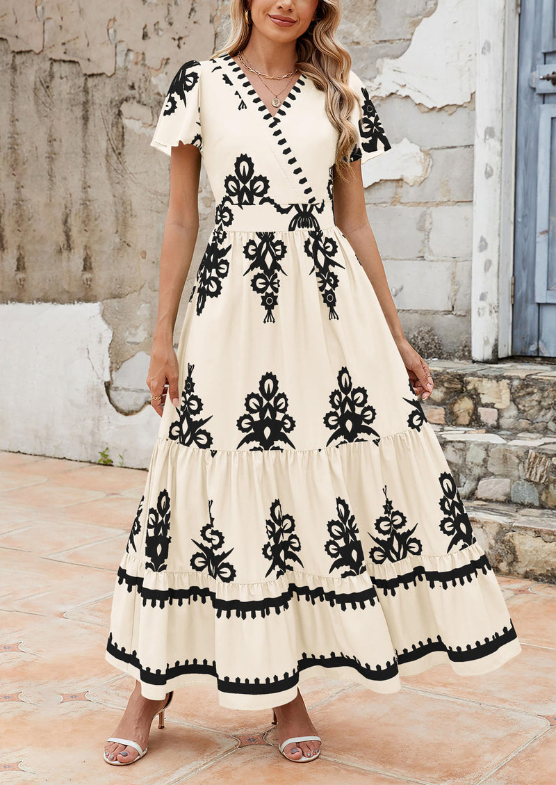 PRETTYGARDEN Floral Casual V neck Bohemian Maxi Dress with Pocket