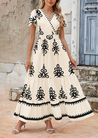 Casual V Neck Boho Flowy A-line Bell Sleeve Tiered Floral Maxi Dresses with Pocket