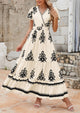 Casual V Neck Boho Flowy A-line Bell Sleeve Tiered Floral Maxi Dresses with Pocket