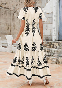 Casual V Neck Boho Flowy A-line Bell Sleeve Tiered Floral Maxi Dresses with Pocket