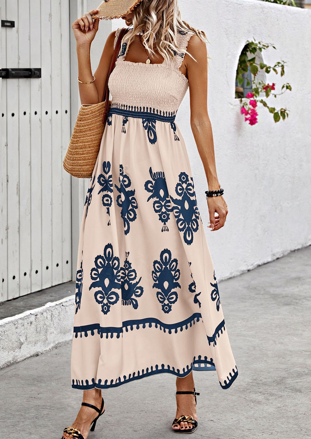 Boho Casual Sleeveless Square Neck Floral A Line Smocked Beach Maxi Dress with Pockets