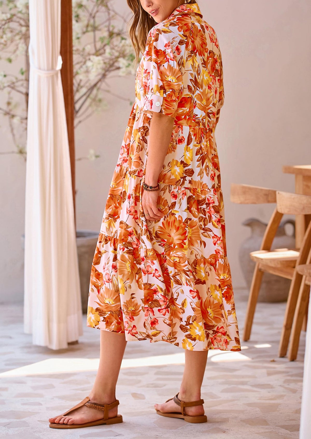 Button Up Ruffle A Line Flowy Maxi Dress